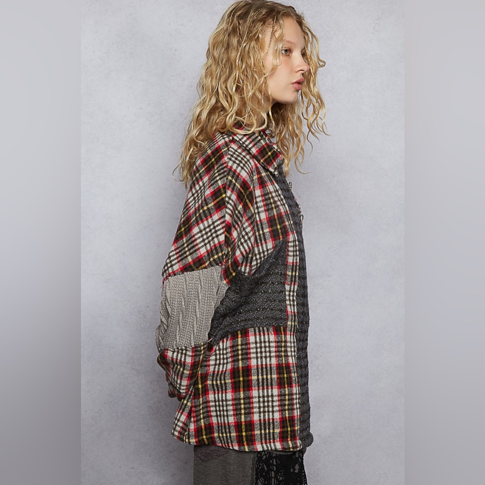 🖤 POL “ Backstage Flannel “ Plaid Flannel and Knit Shacket | Charcoal Multi - Picture 3 of 6